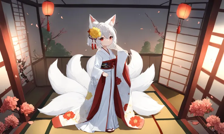 1girl, solo, 
tail, multiple tails, animal ears, bird, red eyes, fox ears, uchikake, japanese clothes, veil, tail, flower, solo, fox tail, looking at viewer, kimono, white hair, fox girl, standing, long sleeves, wide sleeves, indoors, bangs, eyebrows visible through hair, tatami, full body, closed mouth, white kimono, bride, wedding dress, red flower, bridal veil, yellow flower, holding, tree, floral print, hair ornament, hood, see through, from side, sidelocks, animal ear fluff, tassel, short hair, long hair, dress, white flower, silver hair, ribbon, peony \(flower\), hair between eyes, railing, cherry blossom,
masterpiece, best quality, absurdres, recent, newest, safe, sensitive