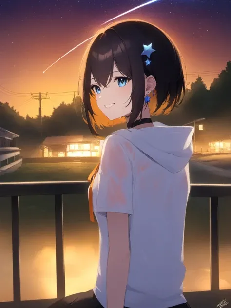 best quality,masterpiece,prompt,newest,late,solo,
1girl, solo, smile, blue eyes, black hair, water, looking at viewer, grin, shirt, hair ornament, bangs, jewelry, hair between eyes, white shirt, upper body, wet clothes, wet, ribbon, short sleeves, choker, earrings, teeth, orange ribbon, blue hair, see-through, medium hair, neck ribbon, multicolored hair,1girl, 1boy, outdoors, star (sky), sky, night, tree, starry sky, scenery, night sky, black hair, pants, standing, signature, black pants, long hair, building, shoes, skirt, power lines, long sleeves, shirt, white shirt, short hair, shooting star, milky way, school uniform, jacket, fence, utility pole, sitting, railing, from behind, brown hair, facing away, hood,