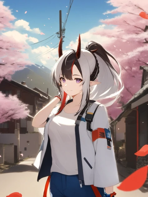 best quality,masterpiece,prompt,newest,late,solo,
1girl, nian (arknights), solo, purple eyes, pointy ears, horns, white hair, streaked hair, zoom layer, smile, multicolored hair, long hair, jewelry, jacket, beads, looking at viewer, braid, bead bracelet, white jacket, bracelet, open jacket, red hair, upper body, open clothes, hand up, bangs, ponytail, white background, closed mouth,outdoors, tree, scenery, 1boy, petals, grass, cherry blossoms, sky, solo, pants, day, building, house, shirt, male focus, blue sky, power lines, cloud, white shirt, black hair, standing, utility pole, blue pants, road, rock, falling petals, mountain, shoes, water, wide shot, spring (season),