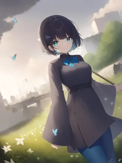 best quality,masterpiece,prompt,newest,late,solo,
F:\\AIxunlianji\\SWAV\\10 SWAV, solo, 1girl, umbrella , dress , black dress, pantyhose, hairclip, smile, black hair, transparent umbrella, hair ornament, transparent, short hair, looking at viewer, gradient, blue pantyhose, long sleeves, grey background, gradient background, bangs, closed mouth, aqua eyes, blue eyes, wide sleeves, white background, simple background, breasts,bug, outdoors, ruins, scenery, no humans, sky, day, butterfly, cloud, overgrown, grass, blurry foreground, flower, blurry, depth of field, post-apocalypse, blue sky, signature, dutch angle, tree, building, ground vehicle, railroad tracks, white flower, bridge, cloudy sky,