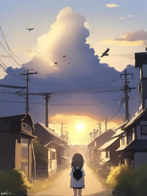 best quality,masterpiece,prompt,newest,late,solo,Shining Tattoo,
solo, white background, open mouth, 1girl, sweatdrop, simple background, albedo \(genshin impact\), looking at viewer, shirt, white shirt, bangs, parted bangs, upper body, 1boy,power lines, scenery, bird, no humans, sky, outdoors, utility pole, cloud, sunset, building, cloudy sky, lens flare, city, signature,