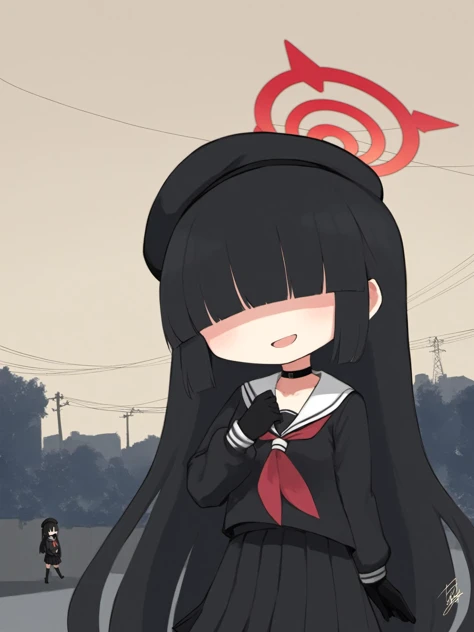 best quality,masterpiece,prompt,newest,late,solo,
faceless female, hair over eyes, school uniform, halo, blush, multiple girls, hat, long hair, black hair, serafuku, skirt, gloves, faceless, black serafuku, black gloves, choker, white background, black wings, red neckerchief, bangs, beret, open mouth, simple background, wings, heart, pleated skirt, long sleeves, black skirt, sailor collar, 4girls, black headwear, black choker, blunt bangs, smile, no eyes, covered eyes, neckerchief, gun, holding, very long hair,scenery, no humans, cloud, outdoors, sky, power lines, utility pole, signature, cloudy sky, tree, blue sky, building,<lora:寺ç°ã¦ãXL-000021:1>,