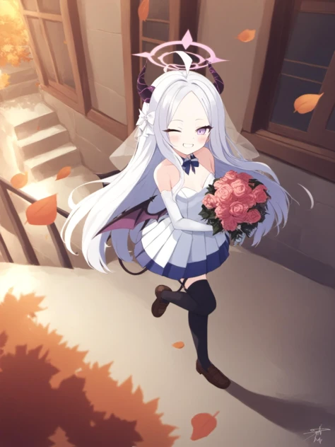 best quality,masterpiece,prompt,newest,late,solo,
1girl, hina \(blue archive\), bouquet, solo, long hair, dress, horns, smile, flower, wedding dress, looking at viewer, white hair, thighhighs, white dress, halo, gloves, ahoge, purple eyes, holding bouquet, wings, holding, bangs, pink flower, elbow gloves, garter straps, breasts, low wings, white gloves, petals, rose, demon horns, parted bangs, small breasts, pink rose, grin, bare shoulders, sleeveless, veil, black thighhighs, sidelocks, blurry, blush, alternate costume, sleeveless dress, wedding, bridal veil, demon wings, indoors, high heels, standing, falling petals, very long hair, forehead, demon girl, multiple horns, from above, standing on one leg,1girl, solo, skirt, instrument, sitting, closed eyes, shoes, leaf, socks, hood down, guitar, hood, outdoors, hoodie, loafers, pleated skirt, brown footwear, autumn leaves, jacket, black hair, stairs, holding instrument, black socks, school uniform, holding, long sleeves, playing instrument, music, falling leaves, autumn, day, tree, bangs, black skirt, short hair, blue skirt, smile, dutch angle, electric guitar, signature, plectrum, closed mouth,<lora:寺ç°ã¦ãXL-000021:1>,