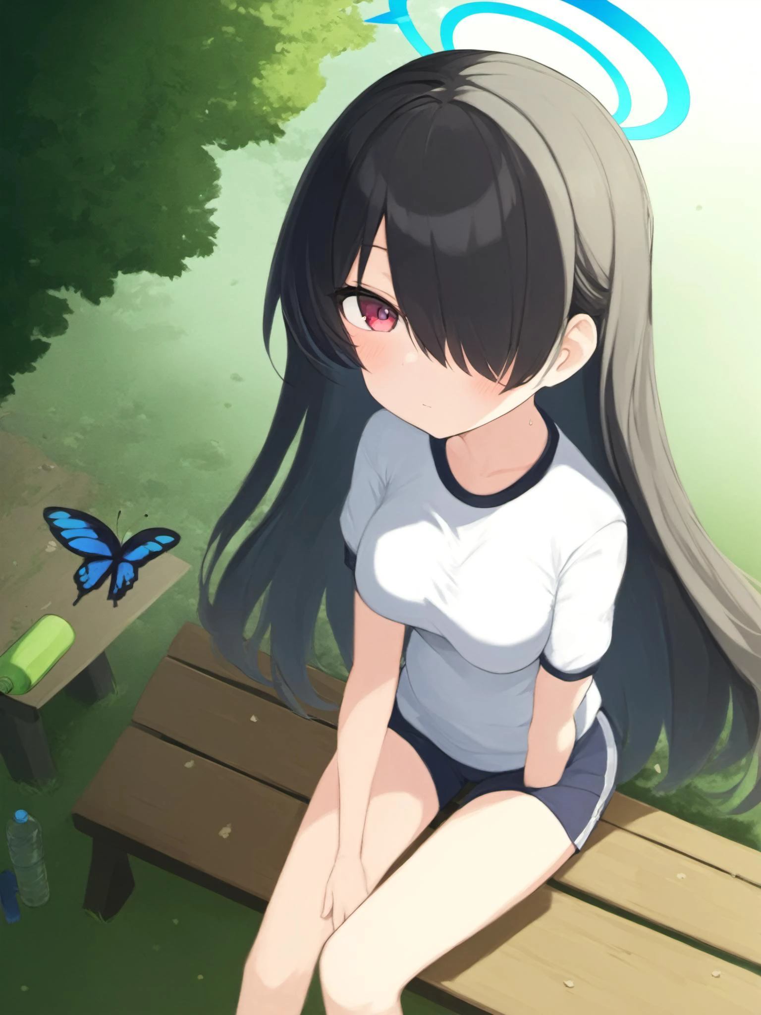 best quality,masterpiece,prompt,newest,late,solo,
1girl, black hair, bug, butterfly, long hair, solo, shirt, short sleeves, white shirt, sitting, outdoors, eyes visible through hair, halo, bottle, water bottle, looking at viewer, blue butterfly, blush, gym uniform, bangs, shorts, tree, red eyes, food, blurry foreground, basket, bento, gym shirt, day, short shorts, blurry, black shorts, depth of field, feet out of frame, hand up, very long hair, grass, flower, breasts, buruma, closed mouth, bench, purple eyes, animal, holding, black buruma, hair over one eye, hair between eyes,1girl, scenery, solo, outdoors, ruins, tree, fence, overgrown, long hair, standing, blurry, sunlight, wide shot, dress, depth of field, day, grass,<lora:å¯ºç°ã¦ãXL-000021:1>,