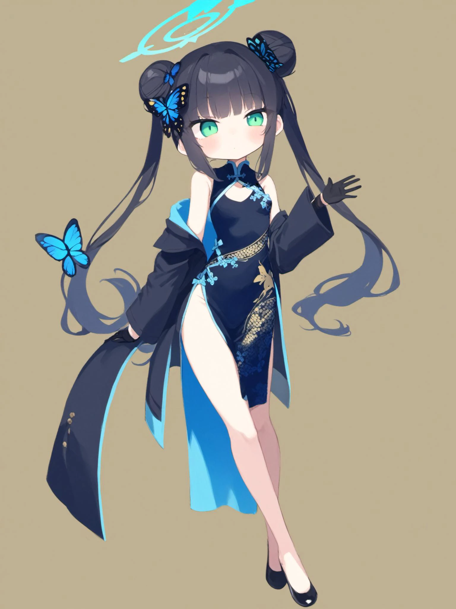 best quality,masterpiece,prompt,newest,late,solo,
1girl, solo, gloves, dress, butterfly, hair bun, china dress, black gloves, full body, twintails, bug, long hair, chinese clothes, white background, black hair, simple background, halo, double bun, black footwear, looking at viewer, off shoulder, bangs, breasts, standing, hair ornament, closed mouth, half gloves, sleeveless, alternate costume, butterfly hair ornament, bare legs, blue eyes, sleeveless dress, bare shoulders, small breasts, hand up, long sleeves, pelvic curtain, side slit, black dress, very long hair, jacket, flats, coat, striped, blue dress, shoes, blush, legs, open clothes, green eyes, blue butterfly, butterfly on hand,<lora:寺ç°ã¦ãXL-000021:1>,
