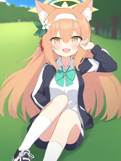 best quality,masterpiece,prompt,newest,late,solo,
1girl, mari \(blue archive\), official alternate costume, solo, gym uniform, animal ears, hair flower, flower, blue eyes, jacket, long hair, hair ornament, halo, lying, white socks, orange hair, animal ear fluff, socks, looking at viewer, shorts, grass, hairband, shirt, white shirt, white hairband, shoes, white flower, bangs, towel, track jacket, gym shorts, short sleeves, on back, kneehighs, headband, sneakers, black jacket, blush, open jacket, white headband, ponytail, open clothes, ribbon, hair ribbon, closed mouth, thighs,1girl, long hair, solo, blonde hair, twintails, open mouth, very long hair, :d, day, smile, bow, floating hair, shirt, long sleeves, wing collar, shiny hair, blurry, brown eyes, jacket, red bow, shiny, sky, bangs, collared shirt, hair between eyes, white shirt, green bow, outdoors, tree, school uniform, bowtie, cloud, blue sky, blurry background, dated, hair bow, upper body, red ribbon, ribbon, green bowtie, hair ribbon, yellow eyes, white jacket,<lora:寺ç°ã¦ãXL-000021:1>,
