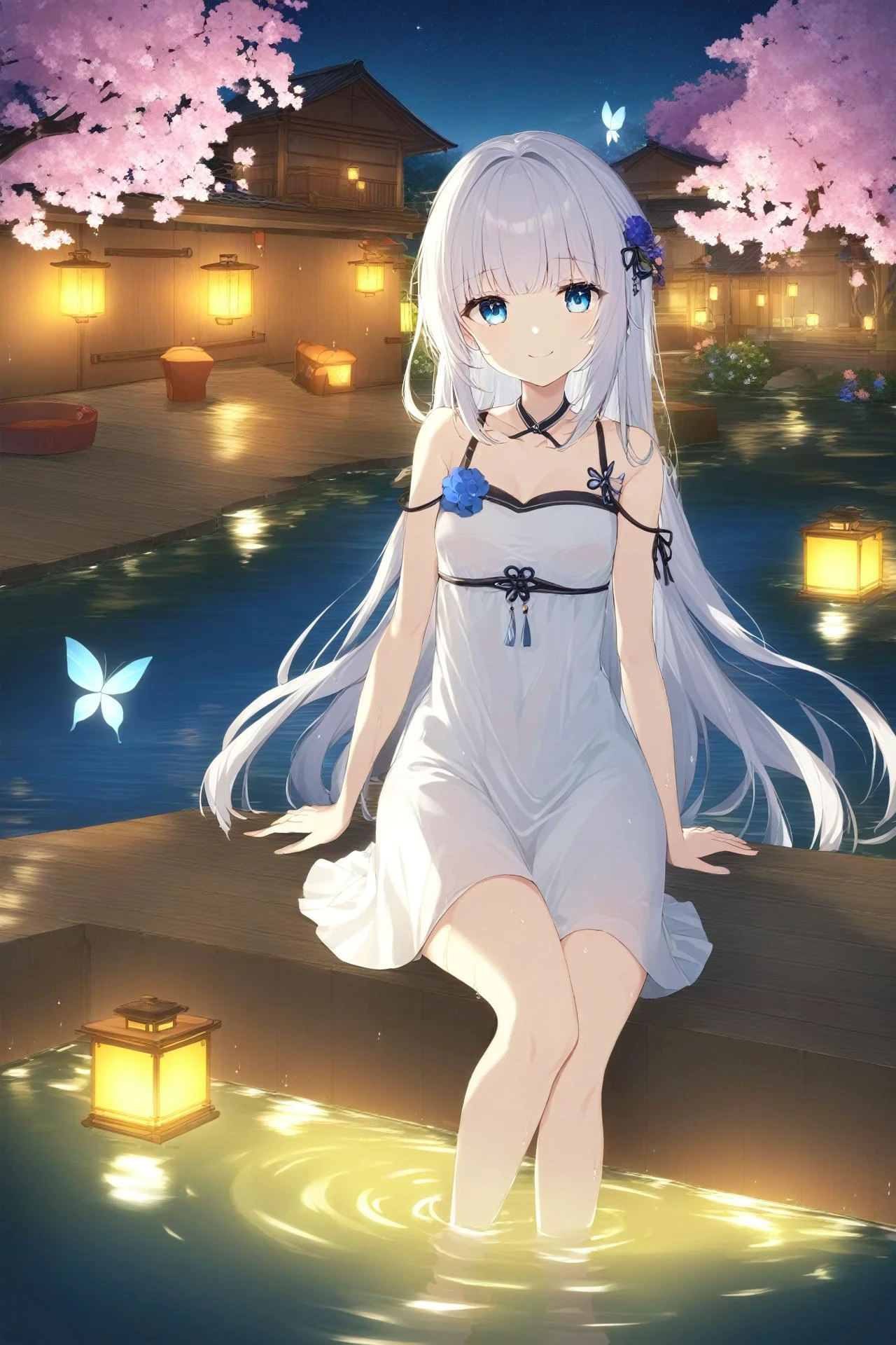 1girl,white hair,long hair,blue_eyes,long skirt,white dress,flower,barefoot,long hair,smile,tree,water,sitting,outdoors,wet,night,wet clothes,soaking feet,lantern,bangs,pink flower,purple flower,silver hair,see-through,bare shoulders,sky,house,blue flower,pink butterfly,ripples,lake,star \(sky\),small breasts,paper lantern,depth of field,Masterpiece,best quality,great quality,"happy new year!" text,
