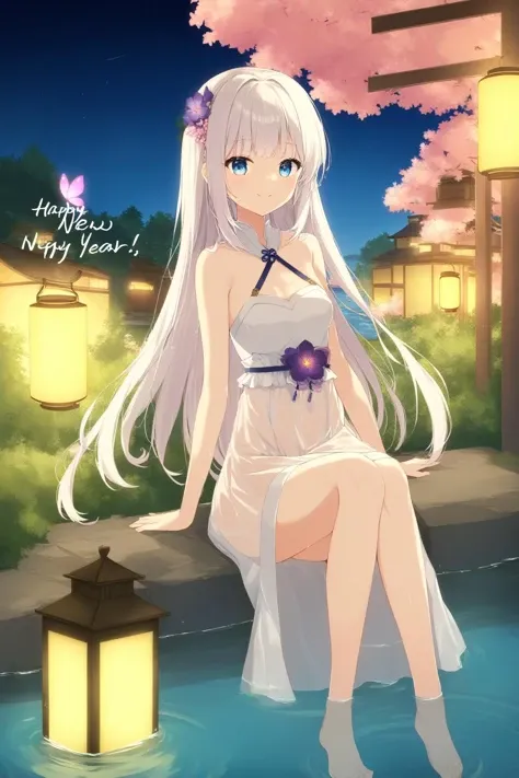 1girl,white hair,long hair,blue_eyes,long skirt,white dress,flower,barefoot,long hair,smile,tree,water,sitting,outdoors,wet,night,wet clothes,soaking feet,lantern,bangs,pink flower,purple flower,silver hair,see-through,bare shoulders,sky,house,blue flower,pink butterfly,ripples,lake,star \(sky\),small breasts,paper lantern,depth of field,happy_new_year,Masterpiece,best quality,great quality,"happy new year!" text,