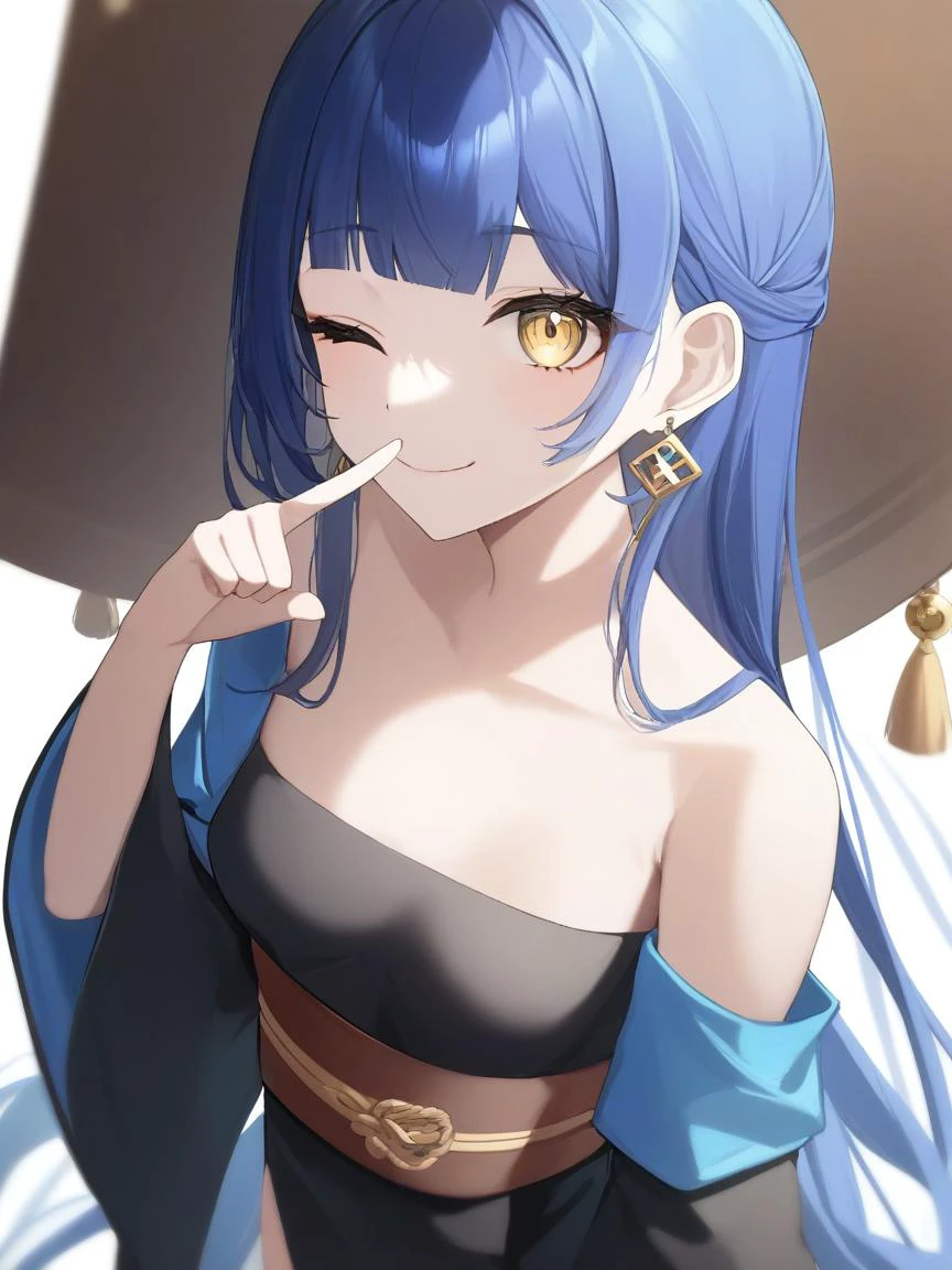 1girl,solo,long hair,one eye closed,blue hair,breasts,white background,yellow eyes,smile,earrings,simple background,very long hair,bare shoulders,looking at viewer,finger to mouth,index finger raised,long sleeves,bangs,wide sleeves,small breasts,closed mouth,
masterpiece,best quality,absurdres,highres,recent,newest,