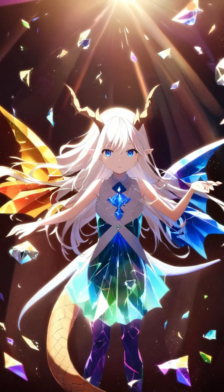 1girl,solo,dragon horns,dragon wings,dragon tail,dragon girl,pointy ears,white hair,long hair,blue eyes,looking at viewer,glass shaped clothes,crystallization of clothes,sparkle,lens flare,light leaks,ultra wide field,ultra dynamic lighting amazing shadows,Deep photo,depth of field,shadows,messy hair,dark,nighttime,dark photo,white hair,bangs,white_marble_glowing_skin,tattoo,
(Girl growing up by glass:1.2),the mirror shattered into pieces of glass,Glass shattered into large chunks,Shards of glass floating haphazardly in the air,global illumination,The portrait is divided into pieces by glass,((glass fragments distorted the light and light path)),Hide behind a broken piece of glass,