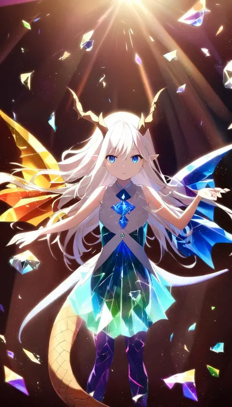 1girl,solo,dragon horns,dragon wings,dragon tail,dragon girl,pointy ears,white hair,long hair,blue eyes,looking at viewer,glass shaped clothes,crystallization of clothes,sparkle,lens flare,light leaks,ultra wide field,ultra dynamic lighting amazing shadows,Deep photo,depth of field,shadows,messy hair,dark,nighttime,dark photo,white hair,bangs,white_marble_glowing_skin,tattoo,
(Girl growing up by glass:1.2),the mirror shattered into pieces of glass,Glass shattered into large chunks,Shards of glass floating haphazardly in the air,global illumination,The portrait is divided into pieces by glass,((glass fragments distorted the light and light path)),Hide behind a broken piece of glass,