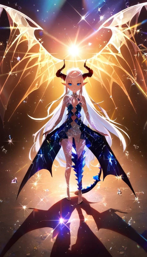 1girl,solo,dragon horns,dragon wings,dragon tail,dragon girl,pointy ears,white hair,long hair,blue eyes,looking at viewer,glass shaped clothes,crystallization of clothes,sparkle,lens flare,light leaks,ultra wide field,ultra dynamic lighting amazing shadows,Deep photo,depth of field,shadows,messy hair,dark,nighttime,dark photo,white hair,bangs,white_marble_glowing_skin,tattoo,