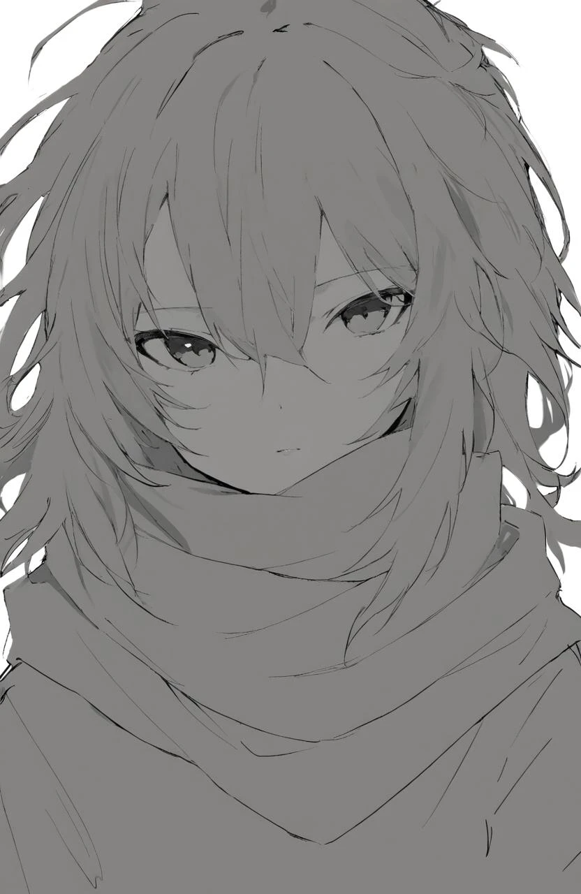masterpiece, best quality,greyscale, monochrome, solo, 1girl, scarf, hair between eyes, simple background, white background, looking at viewer, sketch, upper body, medium hair, parted lips, messy hair, closed mouth
////////, <lora:kotrou020XL64DIM-000101:1>