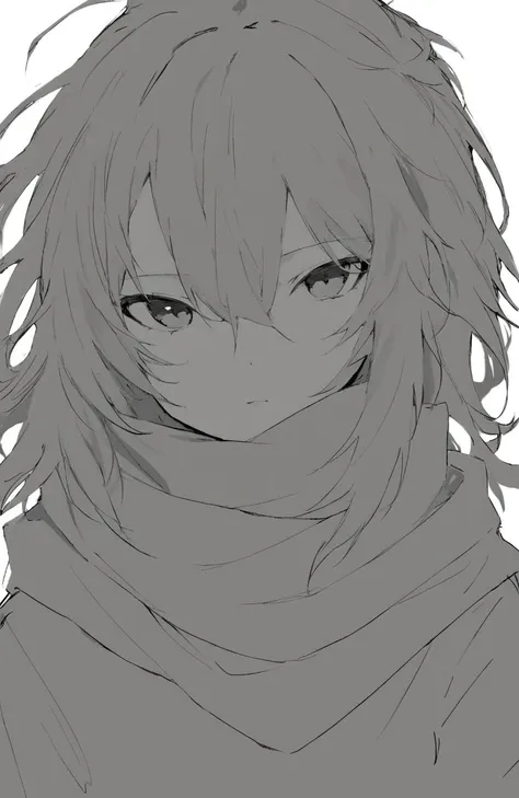 masterpiece, best quality,greyscale, monochrome, solo, 1girl, scarf, hair between eyes, simple background, white background, looking at viewer, sketch, upper body, medium hair, parted lips, messy hair, closed mouth 
////////, <lora:kotrou020XL64DIM-000101:1>