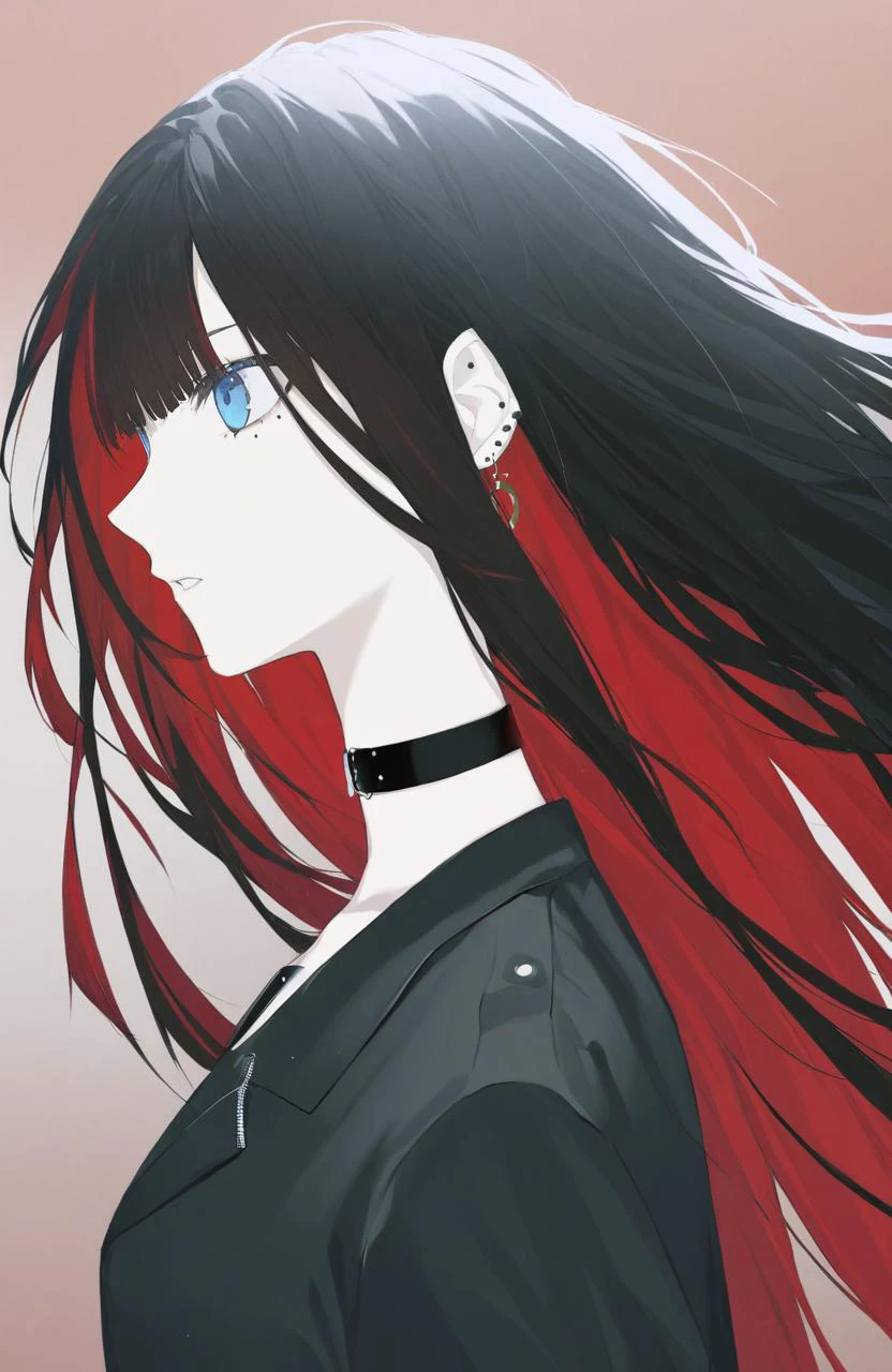 masterpiece, best quality,1girl, solo, blue eyes, parted lips, choker, red hair, portrait, piercing, jacket, mole under eye, jewelry, earrings, mole, black jacket, ear piercing, black hair, black choker, bangs, looking to the side, floating hair
////////, <lora:kotrou020XL64DIM-000101:1>