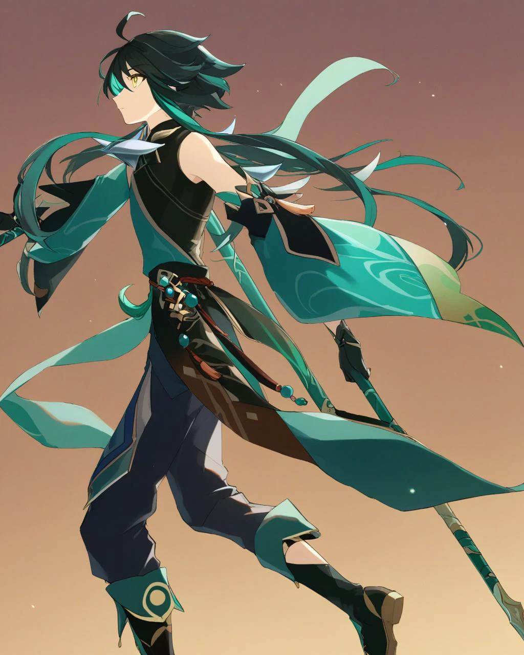 <lora:é:1>ï¼1boy, solo, xiao_\(genshin_impact\), male_focus, holding, weapon, holding_weapon, polearm, yellow_eyes, gloves, green_hair, holding_polearm, multicolored_hair, closed_mouth, spear, spikes, from_side, standing, black_hair, detached_sleeves, boots, shoulder_spikes, ahoge, profile, beads, armor, simple_background, pants, full_body, looking_up, black_gloves