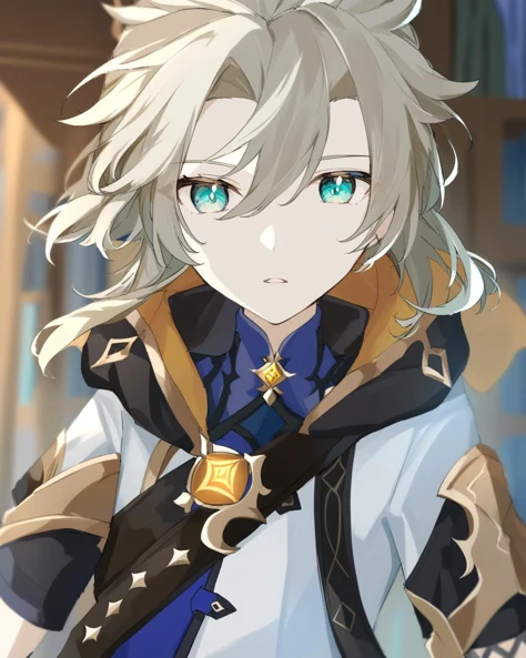 <lora:é¿è´å¤2:1>ï¼albedo_\(genshin_impact\), 1boy, male_focus, solo, bangs, hood_down, hood, parted_lips, letterboxed, hair_between_eyes, aqua_eyes, short_sleeves, upper_body, vision_\(genshin_impact\), gloves, jacket, blurry_background, grey_hair, blue_eyes, blurry, blonde_hair, coat, indoors, hooded_coat, shirt