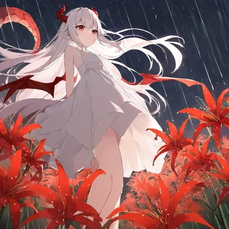 masterpiece, best quality, 1girl, red flowers, rain, dragon girl, dragon tail, dragon wings, dragon horns, white dress, long hair, white hair, girl, spider lily, from below, night, floating hair, <lora:lily_style_xl:0.8>