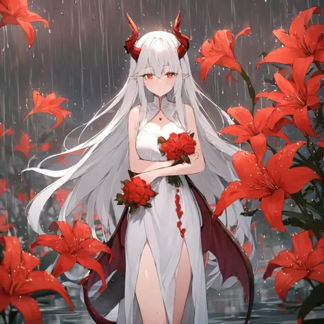 masterpiece, best quality, 1girl, red flowers, rain, dragon girl, dragon tail, dragon wings, dragon horns, white dress, long hair, white hair, <lora:lily_style_xl:1>