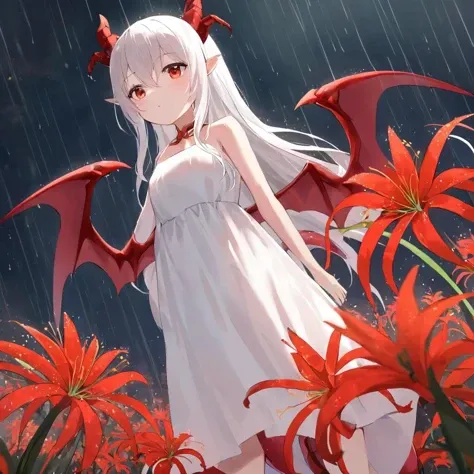 masterpiece, best quality, 1girl, red flowers, rain, dragon girl, dragon tail, dragon wings, dragon horns, white dress, long hair, white hair, girl, spider lily, from below, night, <lora:lily_style_xl:0.8>