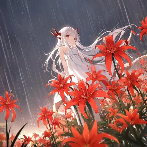masterpiece, best quality, 1girl, red flowers, rain, dragon girl, dragon tail, dragon wings, dragon horns, white dress, long hair, white hair, girl, spider lily, from below, night, <lora:lily_style_xl:0.8>