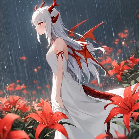 masterpiece, (best quality:1.3), 1girl, red flowers, rain, dragon girl, dragon tail, dragon wings, dragon horns, white dress, long hair, white hair, <lora:lily_style_xl:1>