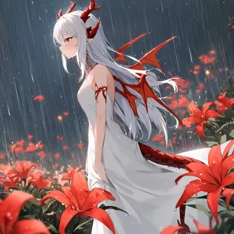 masterpiece, (best quality:1.3), 1girl, red flowers, rain, dragon girl, dragon tail, dragon wings, dragon horns, white dress, long hair, white hair, <lora:lily_style_xl:1>