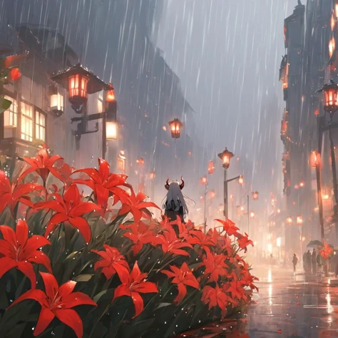 masterpiece, (best quality:1.3), 1girl, red flowers, rain, horns, <lora:lily_style_xl:1>