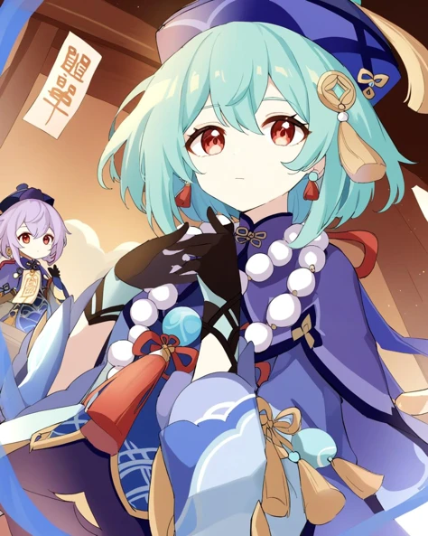 <lora:ä¸ä¸:1>ï¼qiqi_\(genshin_impact\), bead_necklace, jewelry, hat, qing_guanmao, 1girl, beads, purple_hair, necklace, hair_ornament, coin_hair_ornament, bangs, ofuda, gloves, 1boy, closed_mouth, long_sleeves, purple_headwear, red_eyes, vision_\(genshin_impact\), black_gloves, tassel, earrings, green_hair