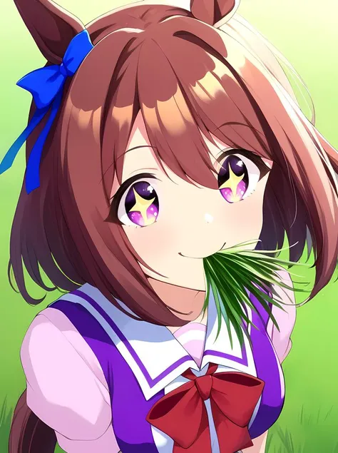 1girl,special week \(umamusume\),umamusume,smile,+_+,solo,mouth hold grass,looking at viewer,upper body,masterpiece,best quality,