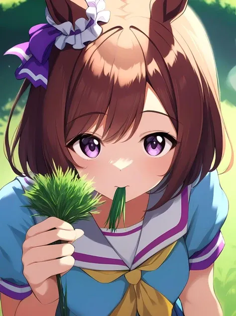 1girl,special week \(umamusume\),umamusume,solo,mouth hold grass,looking at viewer,upper body,masterpiece,best quality,