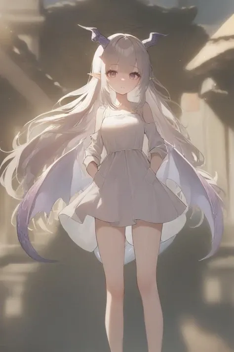 1girl, solo, dragon girl, dragon tail, dragon wings, dragon horns, white dress, long hair,hands in pocket,artist Hiten,
best quality,masterpiece,