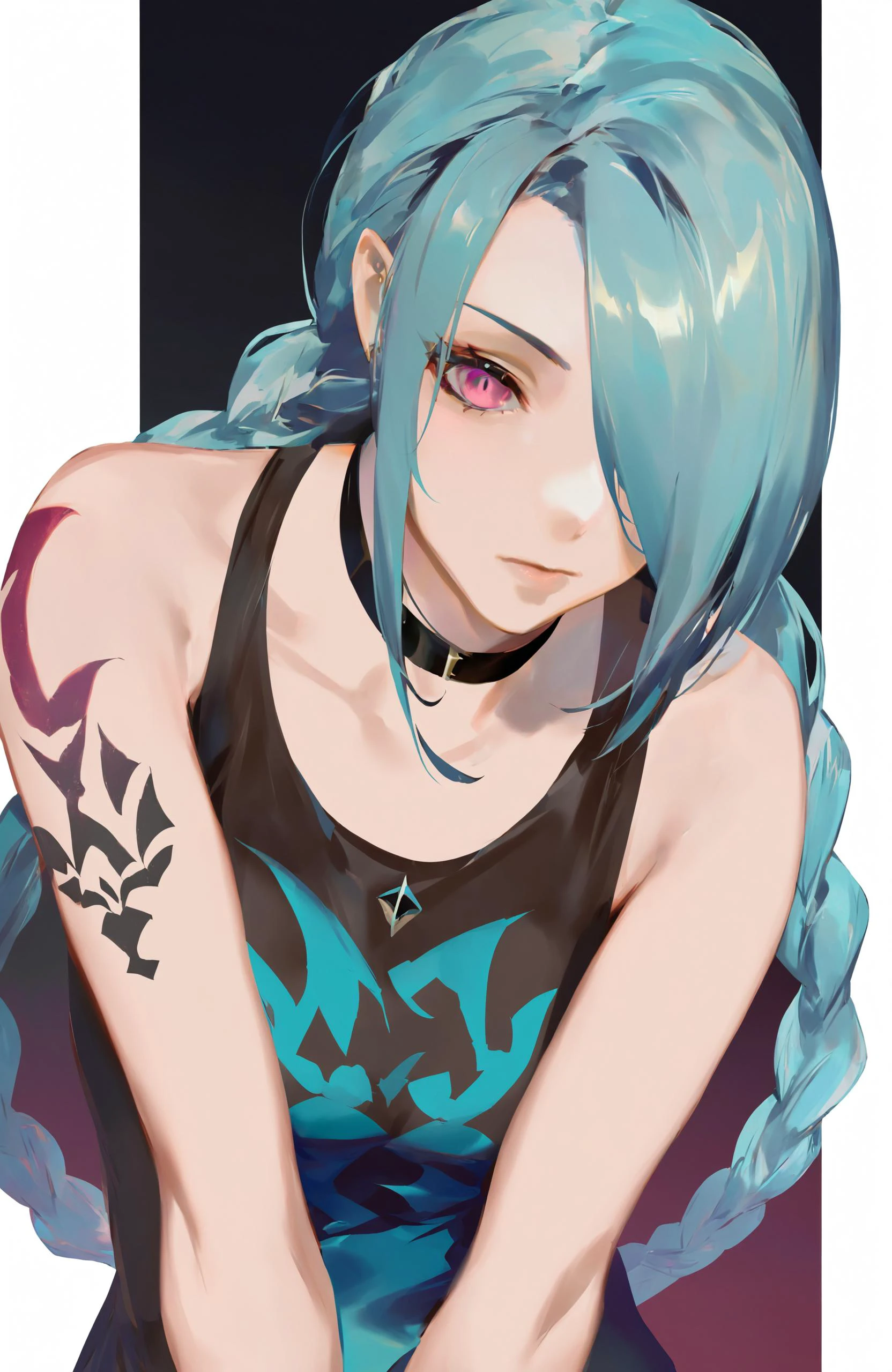 masterpiece, best quality,1girl, jinx \(league of legends\), solo, bangs, bare shoulders, braid, long hair, black background, asymmetrical bangs, pink eyes, looking at viewer, brown shirt, twin braids, choker, shoulder tattoo, blue hair, tattoo, closed mouth, upper body, collarbone, shirt, arm tattoo, black choker, breasts, hair over one eye, gradient background, gradient
////////, <lora:reikoXL128dim-000101:1>