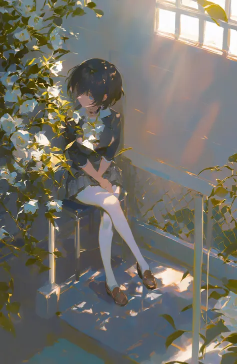 masterpiece, best quality,F:\\AIxunlianji\\SWAV\\10 SWAV, 1girl, solo, sitting, short hair, looking at viewer, shirt, crossed legs, breasts, pantyhose, chair, bangs , closed mouth, white shirt, flower, indoors, medium breasts, shoes, short sleeves, choker, window, black choker, hair between eyes, grey eyes, white pantyhose, white footwear, white flower, rose, blue eyes, grey theme ,sunlight, solo, outdoors, skirt, tree, fence, black hair, scenery, short hair, dappled sunlight, socks, light rays, jacket, pleated skirt, standing, school uniform, bag, sunbeam, day, shoes, grey skirt, plaid skirt, plaid, wide shot, long sleeves, blazer, chain-link fence, shirt, kneehighs, railing, from behind, brown footwear 
////////,  <lora:reikoXL128dim-000101:1>