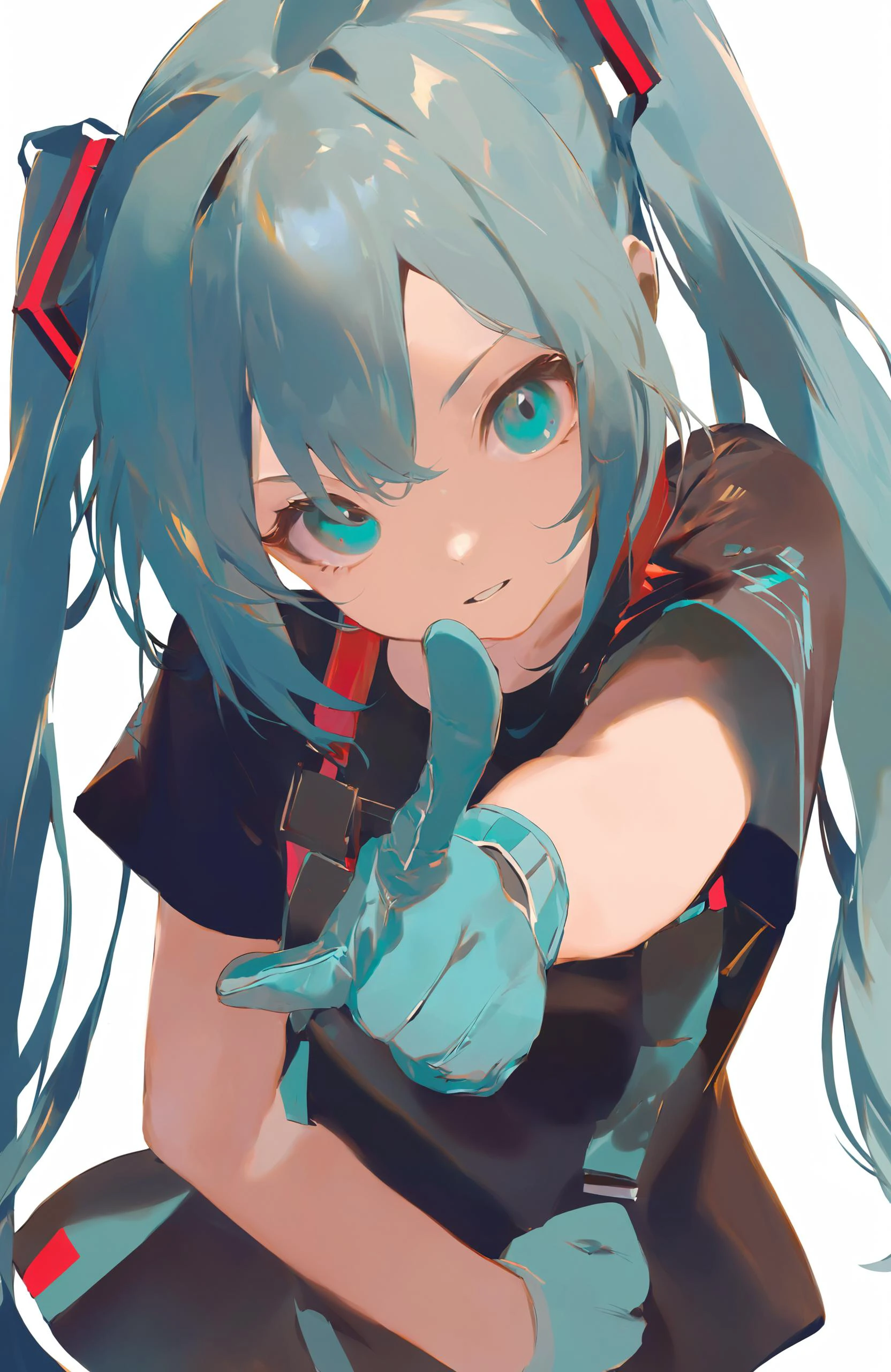 masterpiece, best quality,1girl, solo, hatsune miku, gloves, twintails, aqua gloves, long hair, looking at viewer, white background, pointing at viewer, upper body, parted lips, simple background, shirt, finger gun, aqua hair, blue gloves, black shirt, pointing, aqua eyes, short sleeves, blue hair, bangs, index finger raised , blue eyes
////////, <lora:reikoXL128dim-000101:1>