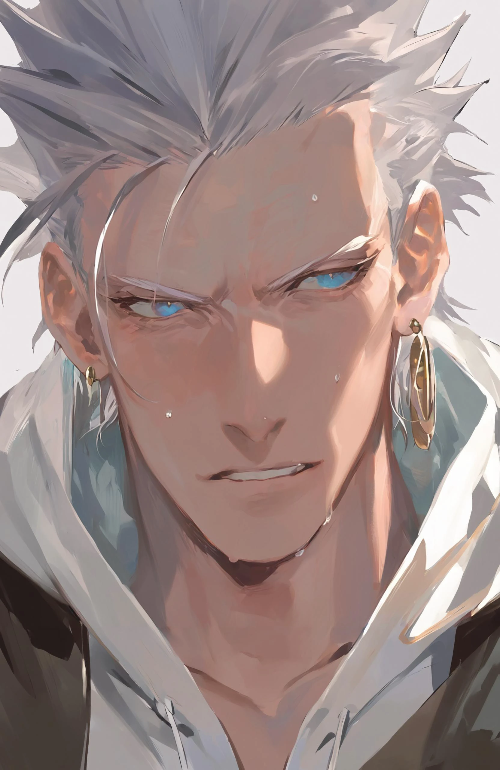 masterpiece, best quality,jean pierre polnareff, 1boy, male focus, blue eyes, solo, earrings, jewelry, portrait, sweat, grey hair, hood, white hair
////////, <lora:reikoXL128dim-000101:1>
