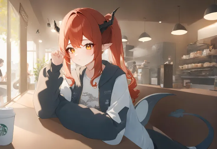 1girl, long hair, side ponytail, solo, pointy ears, window, sunlight,
A charming and attractive young girl, adorned with a pair of delicate dragon wings and a sleek dragon tail, is seated comfortably in a seat within the cozy atmosphere of a bustling coffee shop. She is dressed in a trendy and stylish outfit consisting of a fashionable jacket, a comfortable T-shirt, and a graceful skirt, exuding a sense of confidence and fashion-forwardness. As she sits surrounded by the lively atmosphere of the coffee shop, one can't help but be struck by her unique and captivating appearance.
dragon tail, dragon horns.
masterpiece, best quality, absurdres, recent, newest, safe, sensitive