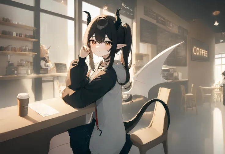 1girl, long hair, side ponytail, solo, pointy ears, window, sunlight,
A charming and attractive young girl, adorned with a pair of delicate dragon wings and a sleek dragon tail, is seated comfortably in a seat within the cozy atmosphere of a bustling coffee shop. She is dressed in a trendy and stylish outfit consisting of a fashionable jacket, a comfortable T-shirt, and a graceful skirt, exuding a sense of confidence and fashion-forwardness. As she sits surrounded by the lively atmosphere of the coffee shop, one can't help but be struck by her unique and captivating appearance.
dragon tail, dragon horns.
masterpiece, best quality, absurdres, recent, newest, safe, sensitive