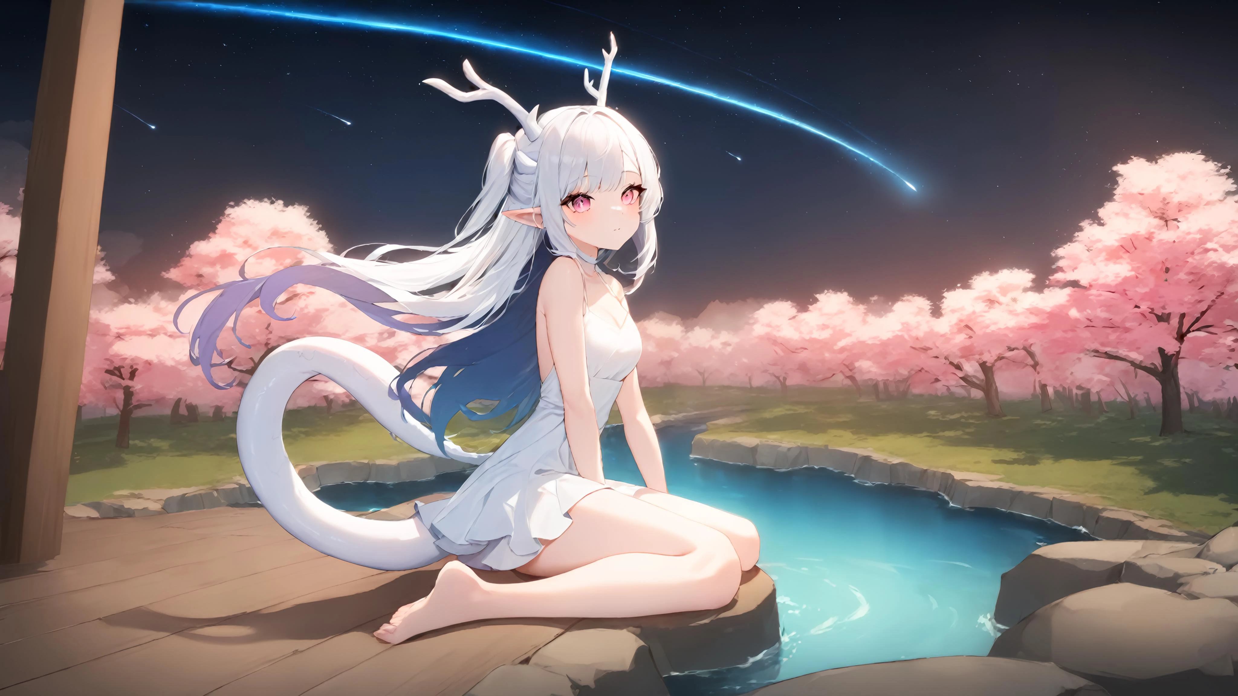 1girl,
masterpiece, best quality, recent, newest, absurdres, sensitive,
horns, solo, long hair, wings, night, sitting, sky, starry sky, tail, side up, antlers, pink eyes, barefoot, outdoors, wariza, night sky, water, dragon tail, white hair, dragon horns, dragon girl, very long hair, bare shoulders, closed mouth, pointy ears, bangs, shooting star, bare legs, bare arms, river, lake, sakura trees, waterfall, white dress, multicolored hair, blue hair