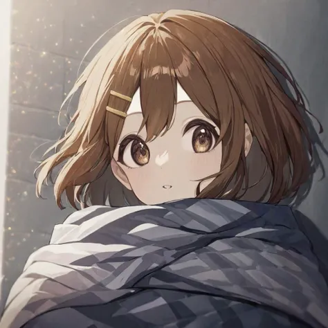 1girl, hirasawa yui, wrapped in quilt, portrait, (masterpiece), cinematic, beautiful light, best quality, newest, safe, absurdres <lora:yui_xl_rev2:1>