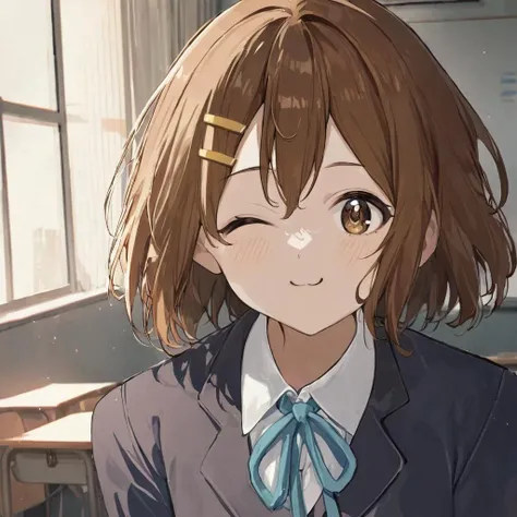 1girl, hirasawa yui, \:3 face, ((eyes closed)), in classroom, portrait, (masterpiece), cinematic, beautiful light, best quality, newest, safe, absurdres, k-on! style <lora:yui_xl_rev2:1>