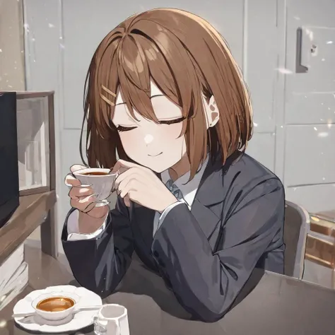1girl, hirasawa yui, sitting behind desk, with a teacup in hand, eyes closed, portrait, (masterpiece), cinematic, beautiful light, best quality, newest, safe, absurdres <lora:yui_xl_rev2:1>