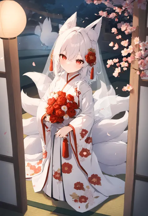 1girl, solo,
tail, multiple tails, animal ears, bird, red eyes, fox ears, uchikake, japanese clothes, veil, tail, flower, solo, fox tail, looking at viewer, kimono, white hair, fox girl, standing, long sleeves, wide sleeves, indoors, bangs, eyebrows visible through hair, tatami, full body, closed mouth, white kimono, bride, wedding dress, red flower, bridal veil, yellow flower, holding, tree, floral print, hair ornament, hood, see through, from side, sidelocks, animal ear fluff, tassel, short hair, long hair, dress, white flower, silver hair, ribbon, peony \(flower\), hair between eyes, railing, cherry blossom,
masterpiece, best quality, absurdres, recent, newest, safe, sensitive