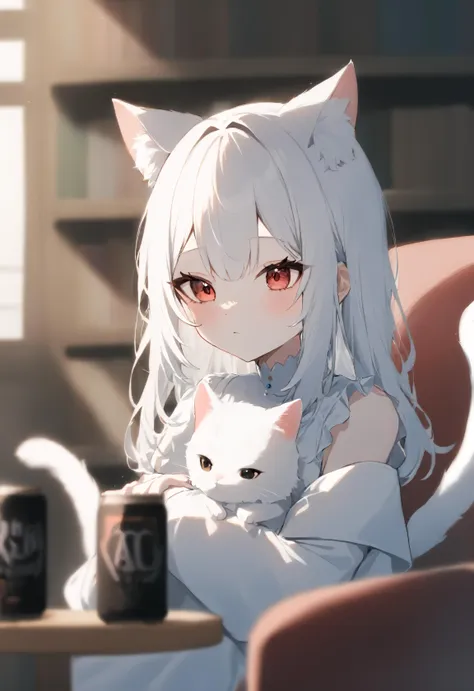 1girl, solo,
a young girl with white hair and wearing a white dress sits on a couch, embracing a white cat, She has cat ears and a tail, showing her to be a feline creature like human, with a window letting in natural light and a bookshelf full of various books, Nearby, one can see a cup placed on a table, depth of field, blurry foreground, blurry background,
masterpiece, best quality, absurdres, recent, newest, safe, sensitive