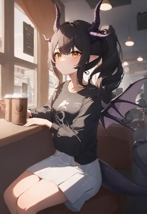 1girl, long hair, side ponytail, solo, pointy ears, window, sunlight,
A charming and attractive young girl, adorned with a pair of delicate dragon wings and a sleek dragon tail, is seated comfortably in a seat within the cozy atmosphere of a bustling coffee shop. She is dressed in a trendy and stylish outfit consisting of a fashionable jacket, a comfortable T-shirt, and a graceful skirt, exuding a sense of confidence and fashion-forwardness. As she sits surrounded by the lively atmosphere of the coffee shop, one can't help but be struck by her unique and captivating appearance.
dragon tail, dragon horns.
masterpiece, best quality, absurdres, recent, newest, safe, sensitive