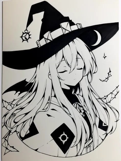 [(white background:1.4)::4],solo,round image,(traditional media:1.3),(monochrome:1.2),limited palette,(flat color:1.3),sketch,solo,1girl,robe,capelet,witch hat,long hair,gray hair,black eyes,hair between eyes,medium breasts,upper body,looking at viewer,expressionless,closed eyes,(fatigues),white background,clock,(broken:1.5),fantasy,thorns,fflogo,<lora:Ye_xl_v1:0.7>,