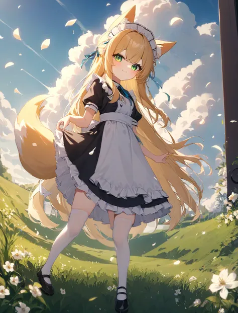 masterpiece,best quality,absurdres,recent,newest,safe,sensitive,
1girl,solo,blonde hair,green eyes,long hair,fox tail,fox ears,
smile,looking at viewer,:3,
maid,maid headdress,white thighhighs,
standing,
cowboy shot,
outdoors,on grass,cumulonimbus cloud,blue sky,day,white flower,petals,nature,