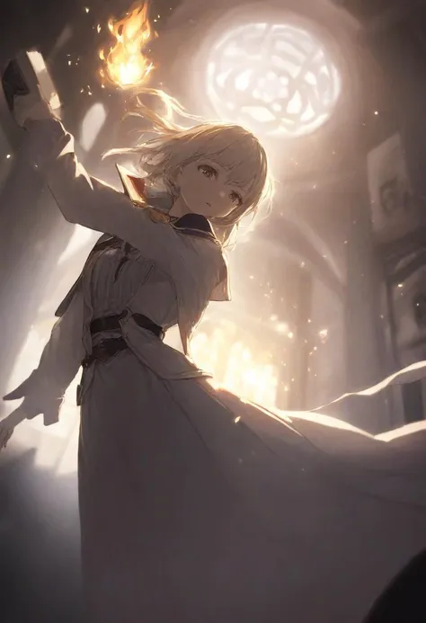 artist:ciloranko,1 girl,Floating Fire Magic Spell and a burst of flam,book,looking at viewer,close-up,cowboy shot,cinematic lighting,volume lighting,light particlestachie,dynamic angle,ray tracing,best quality,amazing quality,very aesthetic,absurdres,