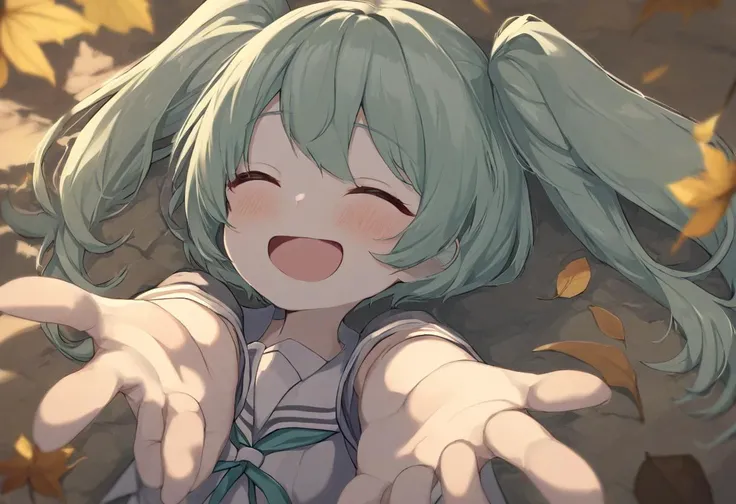 [[artist:wlop]],[artist:WANKE],[artist:ciloranko],[artist:hiten],1 girl,hatsune miku,green hair,twintails,long hair,school uniform),(autumn, floating leaves),1girl,crooked head,solo,looking at viewer,open mouth,closed eyes,smile,blush,spread arms,lying on plenty of leaves,incoming hug,masterpiece,extremely detailed CG unity 8k wallpaper,ultra-detailed,depth of field,best illumination,best shadow,an extremely delicate and beautiful,cowbot shot,best quality,amazing quality,very aesthetic,absurdres,best quality,amazing quality,very aesthetic,absurdres,from above,best quality,amazing quality,very aesthetic,absurdres,