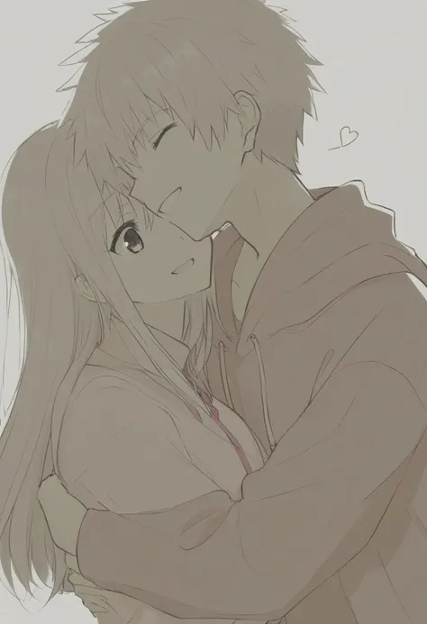 anime artwork fate/stay night,fate (series),emiya shirou,illyasviel von einzbern,1boy,1girl,close-up,closed eyes,heart,hug,limited palette,long hair,long sleeves,looking at another,one eye closed,open mouth,simple background,sketch,smile,white background,white hair,best quality,amazing quality,very aesthetic,absurdres,. anime style,key visual,vibrant,studio anime,highly detailed,